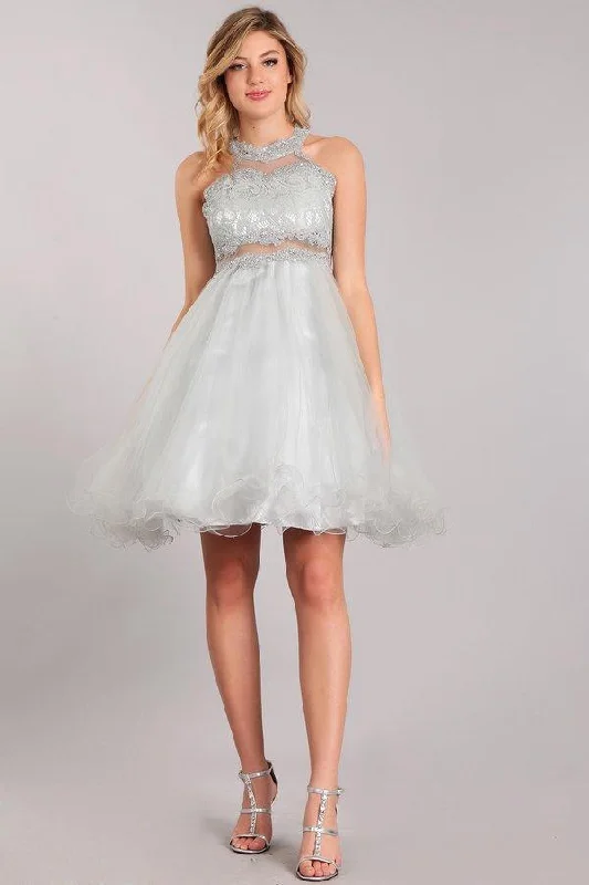 Embellished cocktail dresses for extra style -Short Halter Dress with Lace Bodice by Cinderella Couture 5040 Embellished cocktail dresses for extra style -Short Halter Dress with Lace Bodice by Cinderella Couture 5040