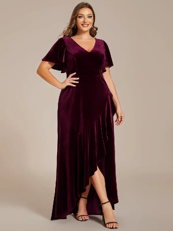 formal dresses with tiered skirts for volume and movement --Plus Lotus Leaf Ruffles High-low V Neck Wholesale Evening Dress with Short Sleeves formal dresses with tiered skirts for volume and movement --Plus Lotus Leaf Ruffles High-low V Neck Wholesale Evening Dress with Short Sleeves