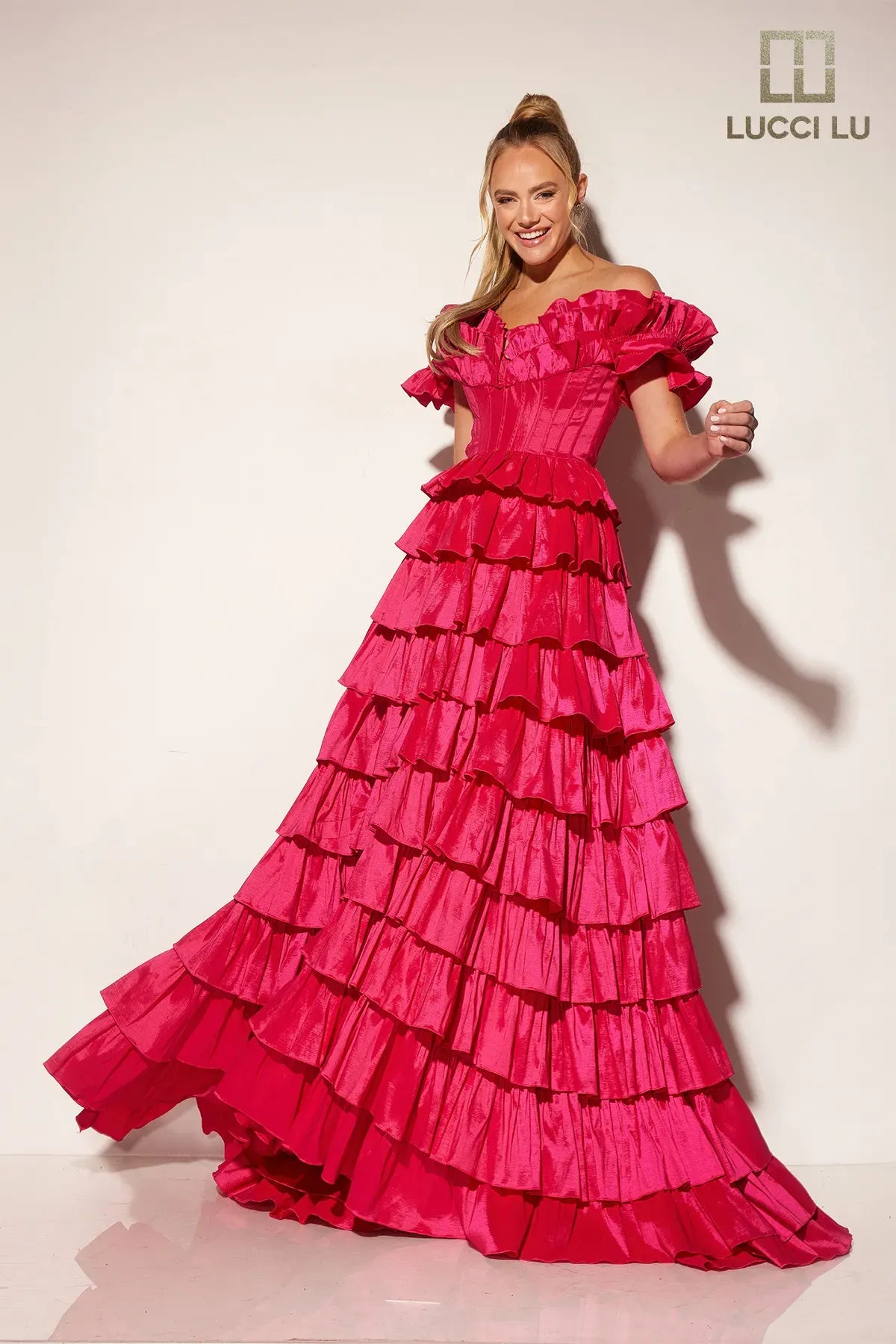 cocktail dresses with lace trims for delicate accents --Taffeta Off Shoulder Tiered Gown by Lucci Lu 1431