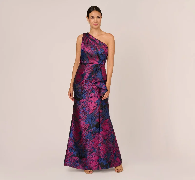 formal dresses for office parties with knee-length cuts --One Shoulder Jacquard Mermaid Gown With Drape Detail In Navy Orchid