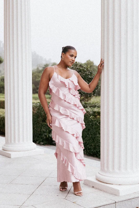 formal dresses with pleated skirts for graceful movement --Ciao Ruffles Maxi Satin Dress - Pink formal dresses with pleated skirts for graceful movement --Ciao Ruffles Maxi Satin Dress - Pink