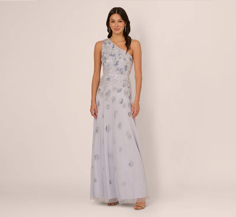Best dresses for wedding guests attending black-tie events -One Shoulder Beaded Mesh Gown In Serenity Best dresses for wedding guests attending black-tie events -One Shoulder Beaded Mesh Gown In Serenity