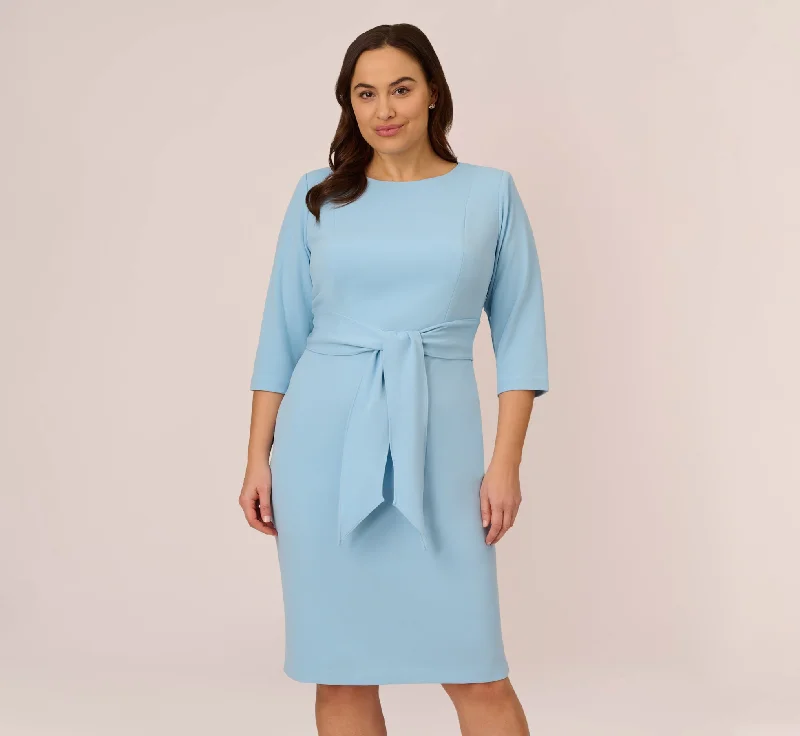 Spring dresses for a fun day out with friends -Plus Size Knit Crepe Bow Sheath Dress With Three Quarter Sleeves In Blue Mist Spring dresses for a fun day out with friends -Plus Size Knit Crepe Bow Sheath Dress With Three Quarter Sleeves In Blue Mist