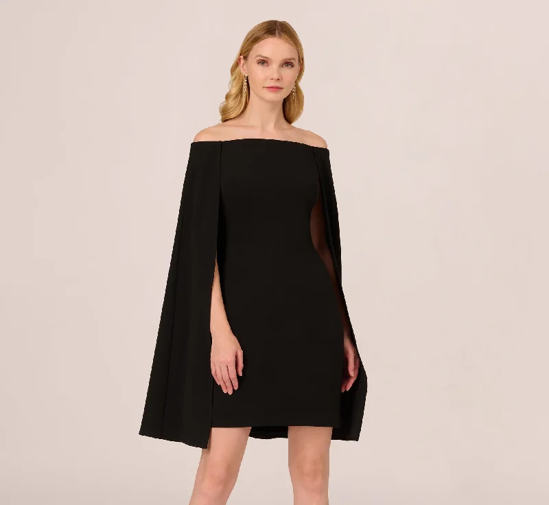 Wedding guest dresses with a layered design for added texture -Off The Shoulder Cape Dress In Black Wedding guest dresses with a layered design for added texture -Off The Shoulder Cape Dress In Black