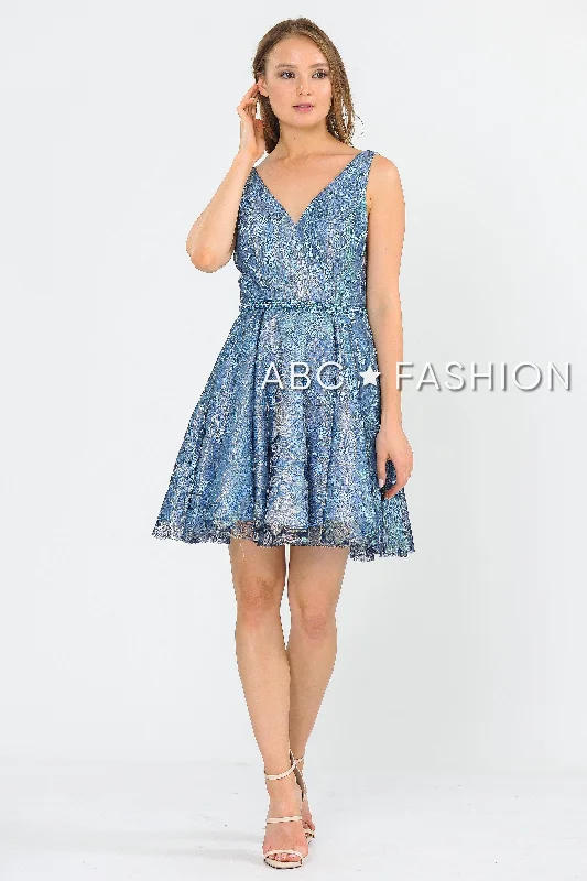 Graduation dresses for tall women with extra length -Short Glitter Print V-Neck Dress with Pockets by Poly USA 8504 Graduation dresses for tall women with extra length -Short Glitter Print V-Neck Dress with Pockets by Poly USA 8504