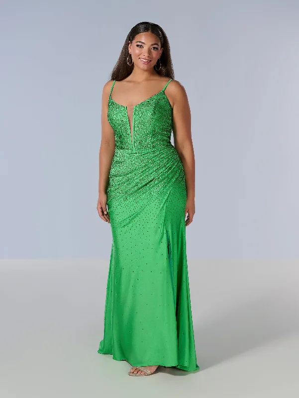 cocktail dresses with halter necks for formal dinners --Curvy Fitted V-Neck Slit Gown by Tiffany Designs 16194