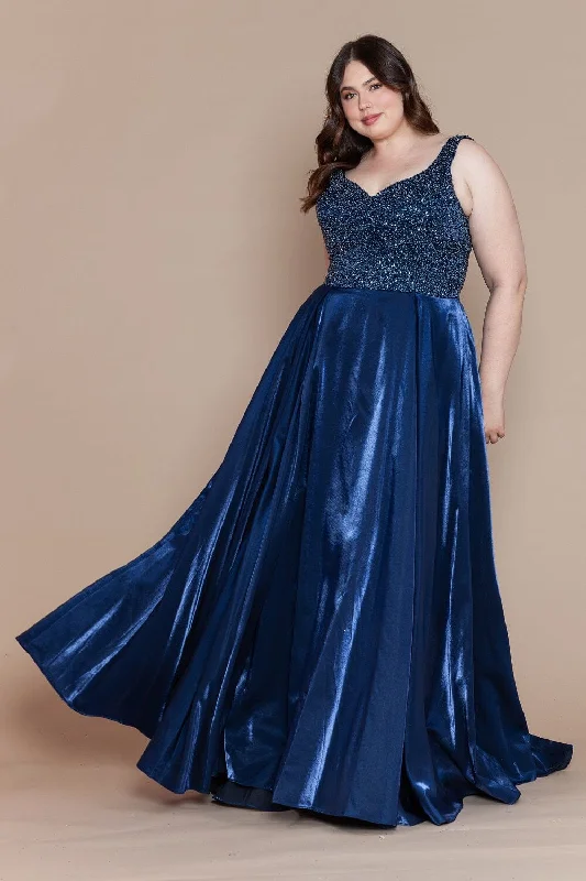 Effortlessly chic wedding guest dresses for sophisticated events -Plus Size Long Satin Dress with Beaded Bodice by Poly USA W1066 Effortlessly chic wedding guest dresses for sophisticated events -Plus Size Long Satin Dress with Beaded Bodice by Poly USA W1066