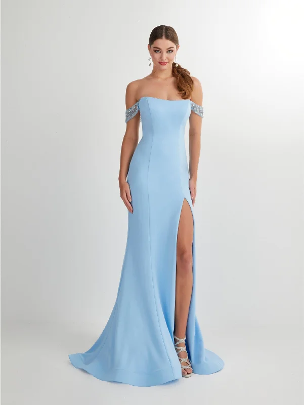 cocktail dresses with off-shoulder necklines for feminine charm --Fitted Crepe Of Shoulder Slit Gown by Studio 17 12907 cocktail dresses with off-shoulder necklines for feminine charm --Fitted Crepe Of Shoulder Slit Gown by Studio 17 12907