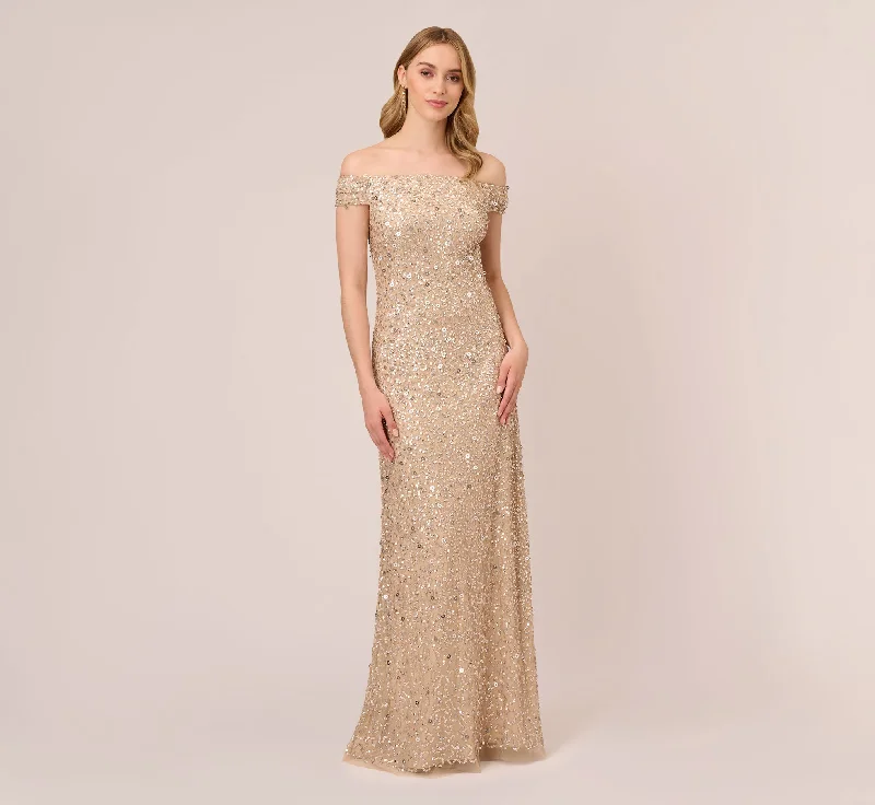 formal dresses with adjustable straps for custom fit --Off The Shoulder Sequin Beaded Gown In Champagne formal dresses with adjustable straps for custom fit --Off The Shoulder Sequin Beaded Gown In Champagne
