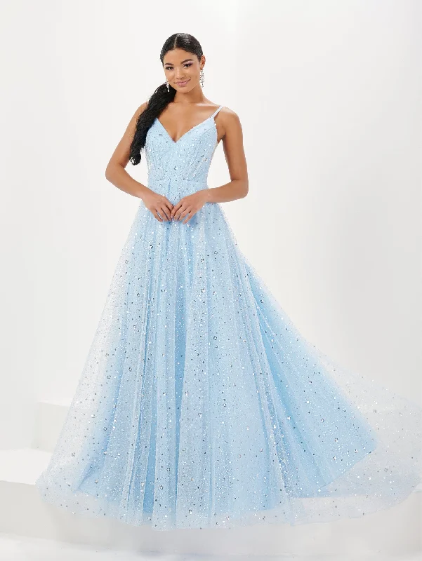 cocktail dresses with halter tops for chic style --Beaded Sheer Corset Back Tulle Gown by Tiffany Designs 16066