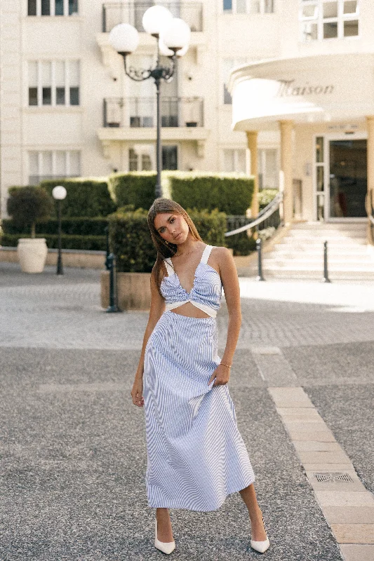 Spring dresses with a pencil silhouette for a sleek look -Bailee Maxi Dress - Blue Stripe Spring dresses with a pencil silhouette for a sleek look -Bailee Maxi Dress - Blue Stripe