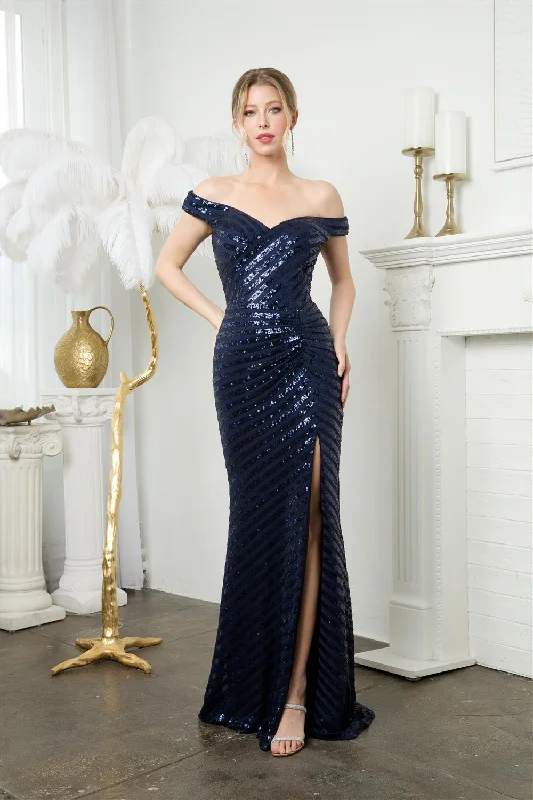 cocktail dresses with high necks for formal occasions --Fitted Linear Sequin Off Shoulder Slit Gown by Juno M1005