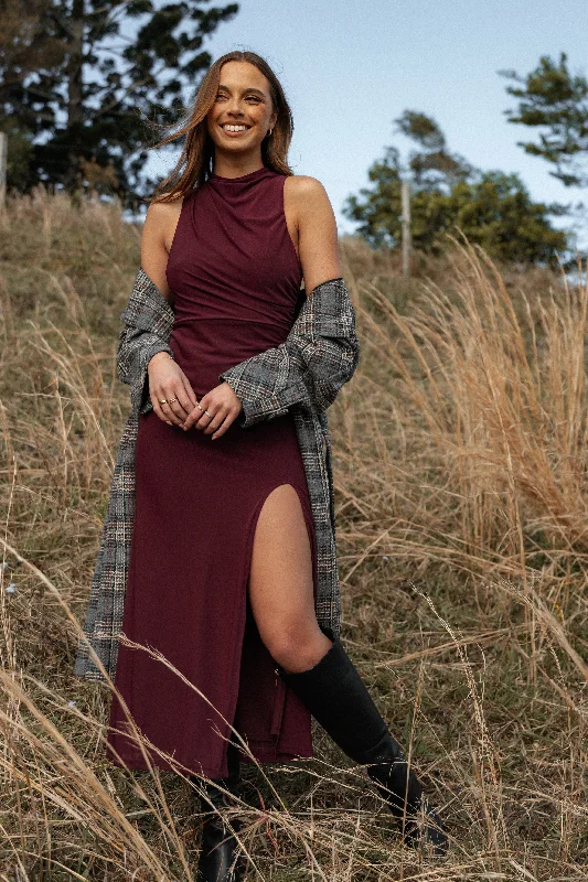 cocktail dresses in jewel tones for fall events --Hayven Maxi Dress - Plum