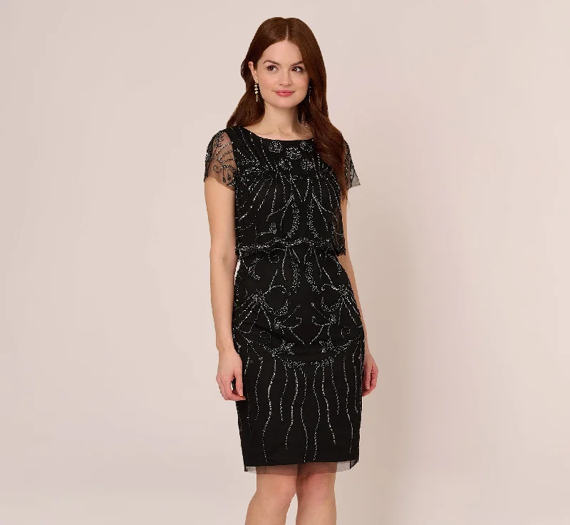 Wedding guest dresses with tiered skirts for a dramatic effect -Short Sleeve Beaded Cocktail Dress With Popover In Black Gunmetal Wedding guest dresses with tiered skirts for a dramatic effect -Short Sleeve Beaded Cocktail Dress With Popover In Black Gunmetal