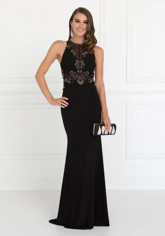cocktail dresses with chiffon overlays for softness --Long Sleeveless Beaded Illusion Dress by Elizabeth K GL2298