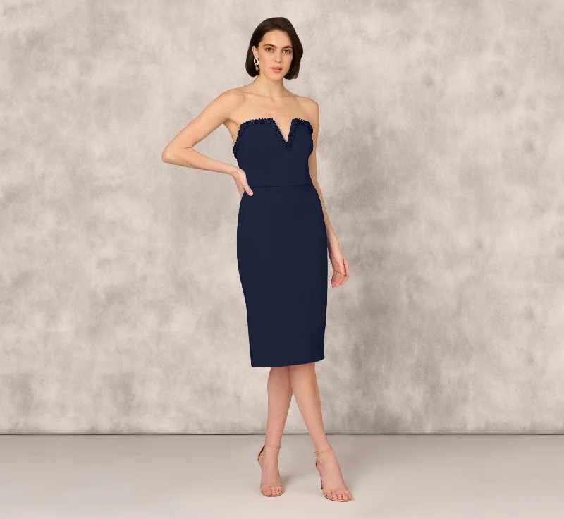 Stunning wedding guest dresses with delicate floral appliqué -Strapless Bonded Crepe Midi Dress With Beaded Notch Neckline In Twilight Stunning wedding guest dresses with delicate floral appliqué -Strapless Bonded Crepe Midi Dress With Beaded Notch Neckline In Twilight