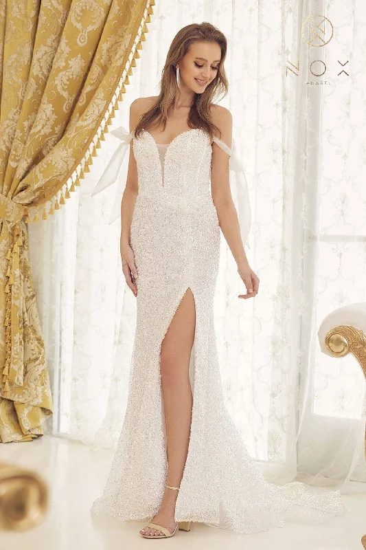 cocktail dresses with sweetheart necklines for romantic looks --Sequin Fitted Off Shoulder Gown by Nox Anabel C1095 cocktail dresses with sweetheart necklines for romantic looks --Sequin Fitted Off Shoulder Gown by Nox Anabel C1095