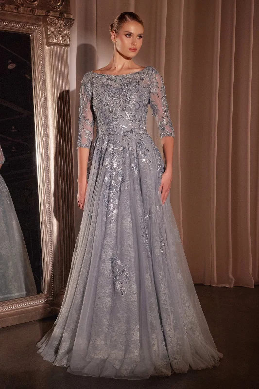 Trendy wedding guest dresses for boho-themed weddings -Lace Tulle 3/4 Sleeve A-line Gown by Ladivine CK2401 Trendy wedding guest dresses for boho-themed weddings -Lace Tulle 3/4 Sleeve A-line Gown by Ladivine CK2401