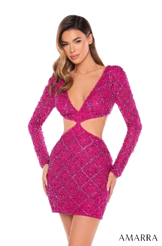 Graduation dresses for a modern, edgy look with unique cuts -Beaded Short Cutout Long Sleeve Dress by Amarra 88034 Graduation dresses for a modern, edgy look with unique cuts -Beaded Short Cutout Long Sleeve Dress by Amarra 88034