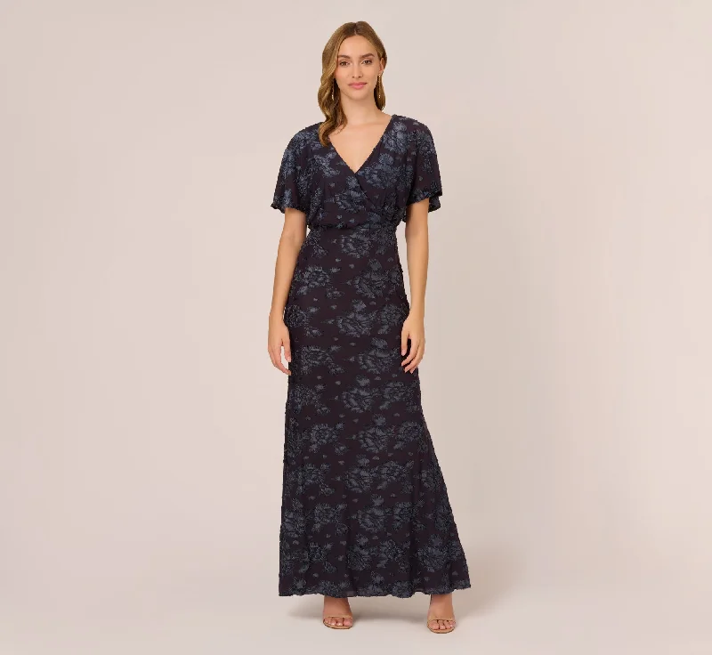 formal dresses for beach parties with light, airy fabrics --Floral Burnout Velvet Long Blouson Gown In Midnight formal dresses for beach parties with light, airy fabrics --Floral Burnout Velvet Long Blouson Gown In Midnight