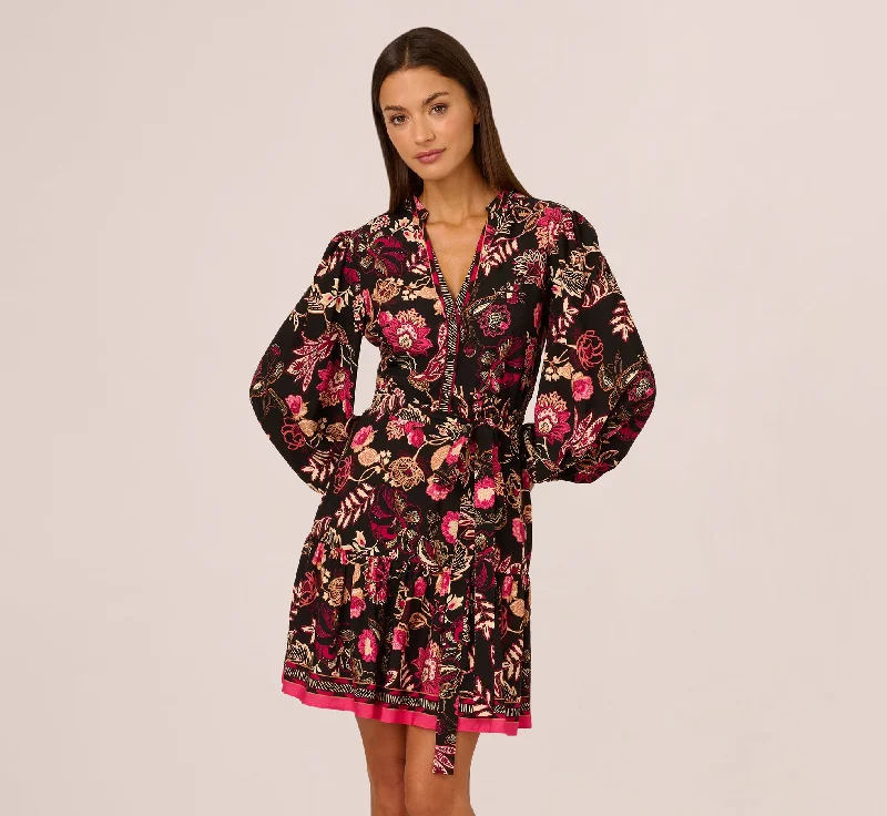 Casual spring dresses for running errands -Floral Printed V Neck Button Front Dress With Long Sleeves In Black Multi Casual spring dresses for running errands -Floral Printed V Neck Button Front Dress With Long Sleeves In Black Multi