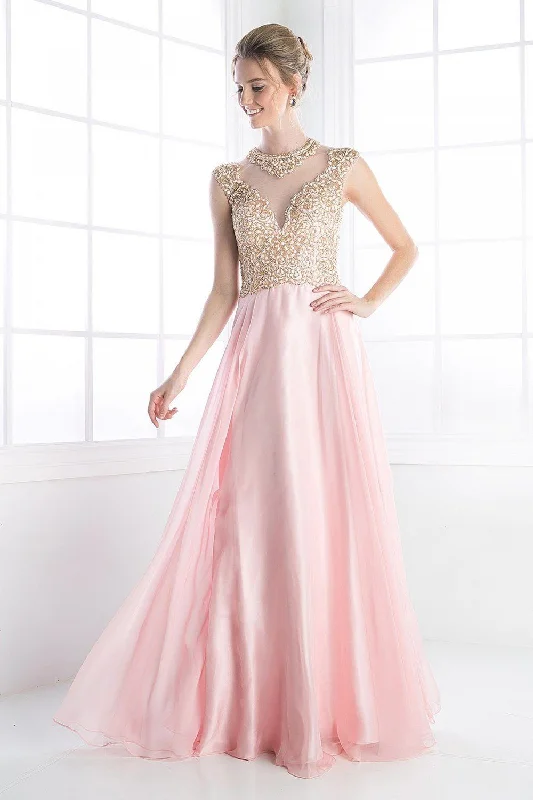 Wedding guest dresses in luxurious fabrics like velvet and satin -Jeweled Illusion A-line Gown by Cinderella Divine 8732 Wedding guest dresses in luxurious fabrics like velvet and satin -Jeweled Illusion A-line Gown by Cinderella Divine 8732