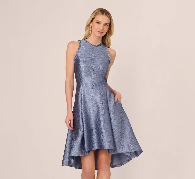 Bright-colored spring dresses for a bold statement -High Low Fit And Flare Crinkle Jacquard Dress In Spring Blue Bright-colored spring dresses for a bold statement -High Low Fit And Flare Crinkle Jacquard Dress In Spring Blue