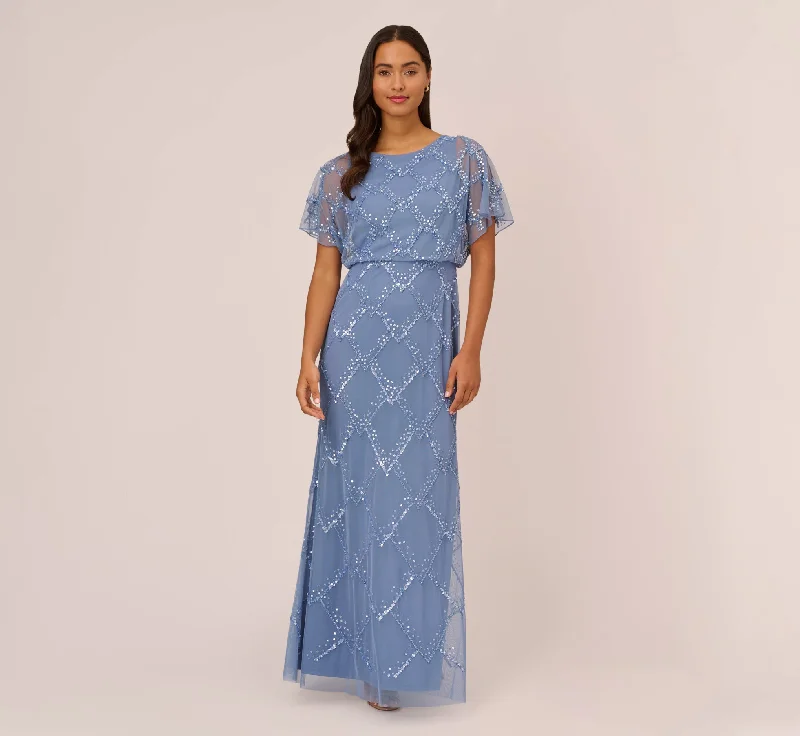 formal dresses with high necklines for modest fashion lovers --Hand-Beaded Blouson Long Gown With Flutter Sleeves In French Blue formal dresses with high necklines for modest fashion lovers --Hand-Beaded Blouson Long Gown With Flutter Sleeves In French Blue