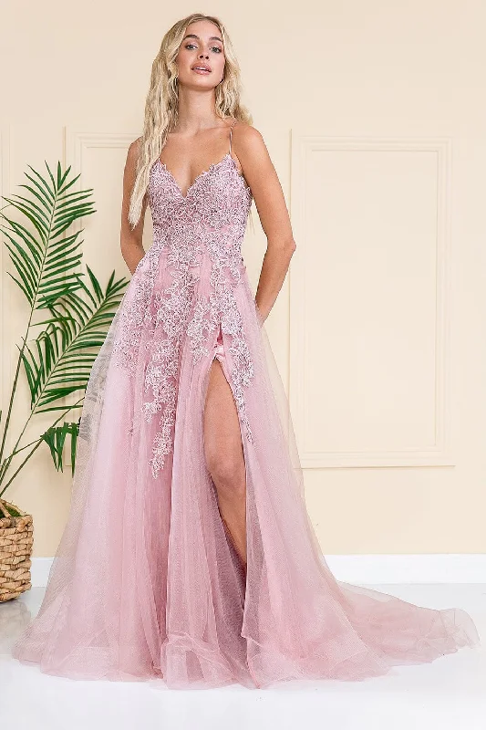 cocktail dresses with layered tulle for princess style --Embroidered V-Neck Slit Gown by Amelia Couture BZ014