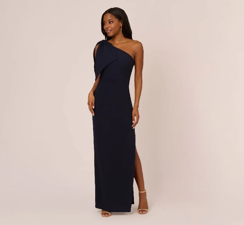 formal dresses with adjustable straps for custom fit --One Shoulder Crepe Gown With Bow Accent In Midnight formal dresses with adjustable straps for custom fit --One Shoulder Crepe Gown With Bow Accent In Midnight