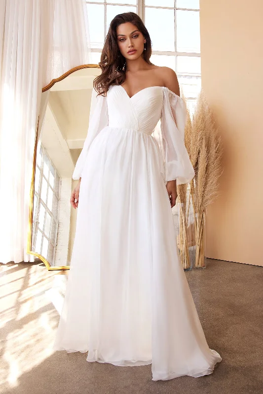 Best wedding guest dresses for fall events -White Long Sleeve Chiffon Gown by Cinderella Divine CD243W Best wedding guest dresses for fall events -White Long Sleeve Chiffon Gown by Cinderella Divine CD243W