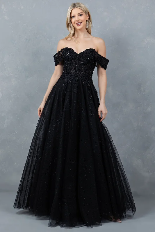 cocktail dresses with open backs for summer events --Off Shoulder A-line Gown by Cinderella Couture 8152J