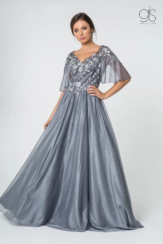 Best wedding guest dresses for rustic-themed celebrations -Long Floral Applique Dress with Flutter Sleeves by Elizabeth K GL2830 Best wedding guest dresses for rustic-themed celebrations -Long Floral Applique Dress with Flutter Sleeves by Elizabeth K GL2830