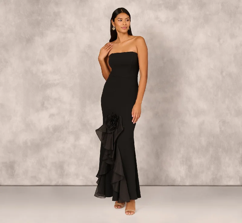 formal dresses made from recycled polyester for eco-conscious buyers --Crepe Strapless Mermaid Gown With Organza Ruffle Skirt In Black formal dresses made from recycled polyester for eco-conscious buyers --Crepe Strapless Mermaid Gown With Organza Ruffle Skirt In Black