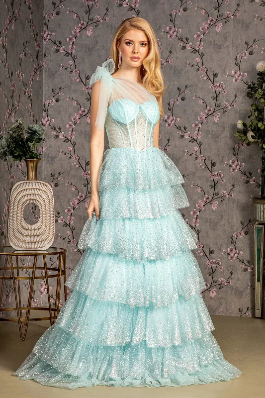 cocktail dresses with ruched bodices for flattering fit --Glitter One Shoulder Tiered Ruffled Gown by GLS Gloria GL3454 cocktail dresses with ruched bodices for flattering fit --Glitter One Shoulder Tiered Ruffled Gown by GLS Gloria GL3454
