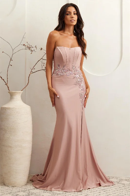 Comfortable wedding guest dresses for dancing all night -Fitted Strapless Corset Slit Gown by Amelia Couture 7057 Comfortable wedding guest dresses for dancing all night -Fitted Strapless Corset Slit Gown by Amelia Couture 7057
