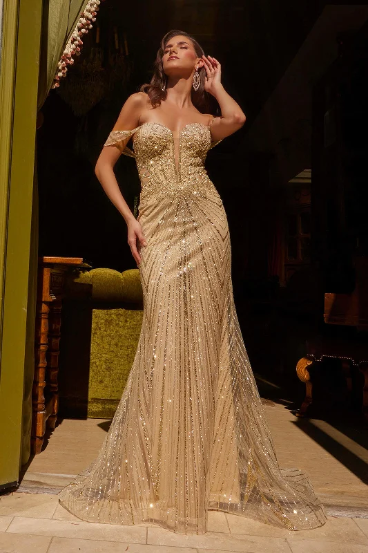 cocktail dresses with mesh inserts for edgy style --Glitter Off Shoulder Gown by GLS Gloria GL3558