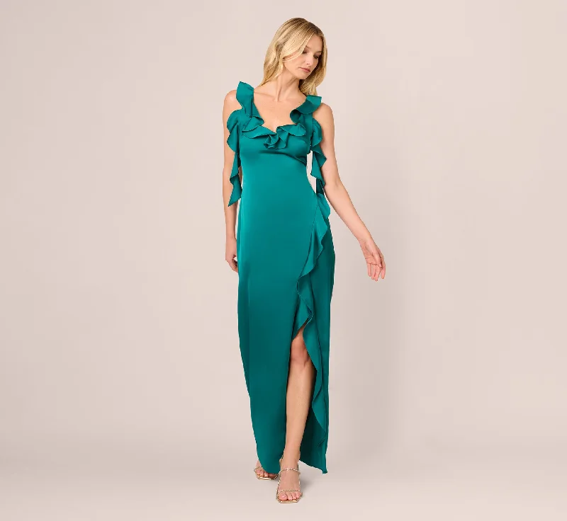 formal dresses for weddings with lace detailing --Stretch Satin Ruffle Long Dress In Deep Emerald formal dresses for weddings with lace detailing --Stretch Satin Ruffle Long Dress In Deep Emerald