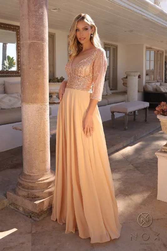 Wedding guest dresses with delicate pleats for added texture -Embellished 3/4 Sleeve A-line Gown by Nox Anabel MF101 Wedding guest dresses with delicate pleats for added texture -Embellished 3/4 Sleeve A-line Gown by Nox Anabel MF101
