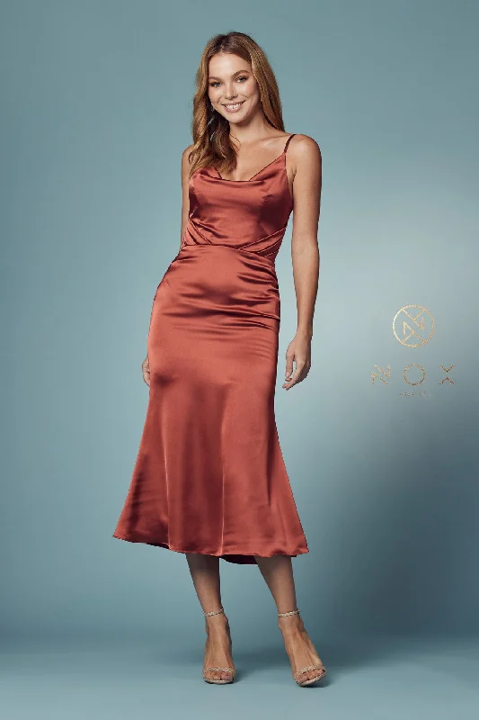 bridesmaid dresses with lace overlays for vintage charm --Cowl Neck Midi Dress by Nox Anabel R1027 bridesmaid dresses with lace overlays for vintage charm --Cowl Neck Midi Dress by Nox Anabel R1027