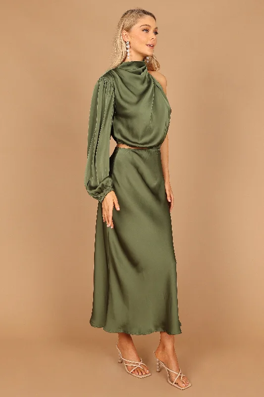 formal dresses with sheer panels for modern style --Amelie One Shoulder Midi Dress - Olive formal dresses with sheer panels for modern style --Amelie One Shoulder Midi Dress - Olive