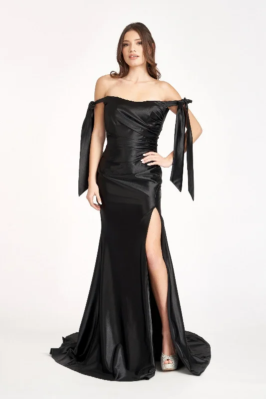 bridesmaid dresses with tiered ruffles for playful style --Fitted Off Shoulder Satin Gown by Elizabeth K GL3059 bridesmaid dresses with tiered ruffles for playful style --Fitted Off Shoulder Satin Gown by Elizabeth K GL3059