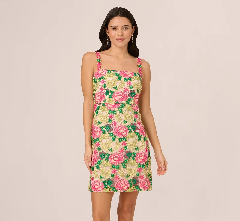 Best dresses for wedding guests attending a formal reception -Sleeveless Floral Embroidery Short Sheath Dress In Pink Green Multi