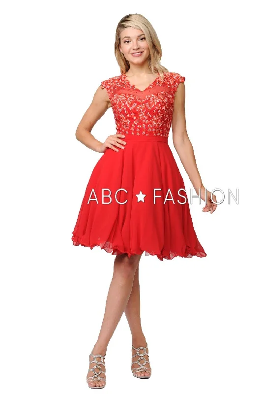 Off-shoulder mini party dresses for a chic look -Short Chiffon Dress with Floral Lace Appliques by Poly USA 8094 Off-shoulder mini party dresses for a chic look -Short Chiffon Dress with Floral Lace Appliques by Poly USA 8094