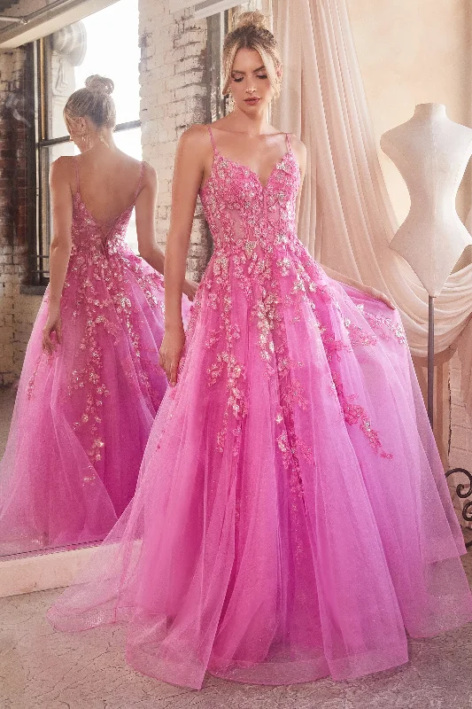 formal dresses for post-surgery patients with easy closures --Floral Applique Sheer Corset Tulle Gown by Ladivine CM347