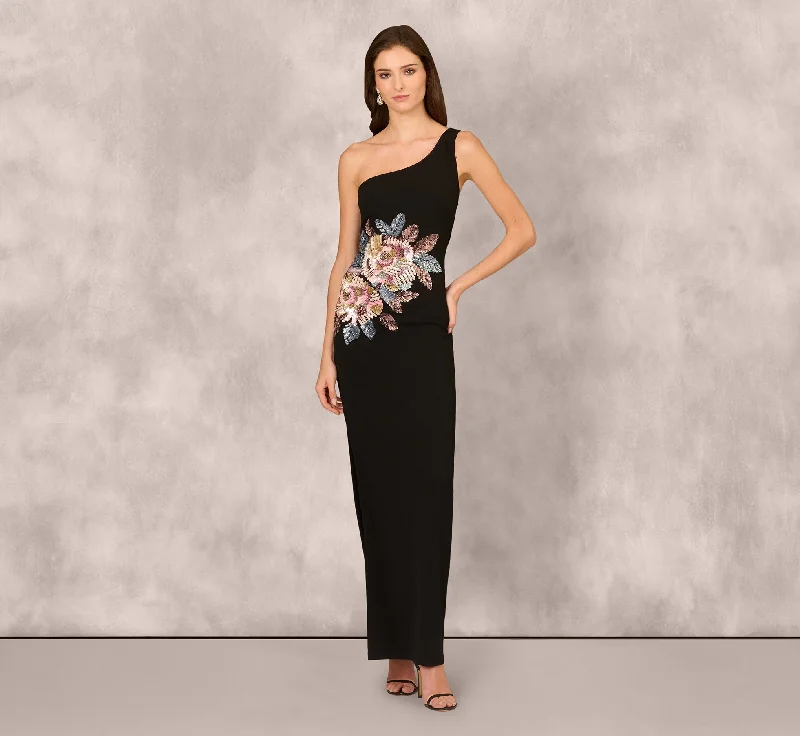 formal dresses with mesh sleeves for subtle coverage --One Shoulder Beaded Floral Detail Long Dress In Black formal dresses with mesh sleeves for subtle coverage --One Shoulder Beaded Floral Detail Long Dress In Black