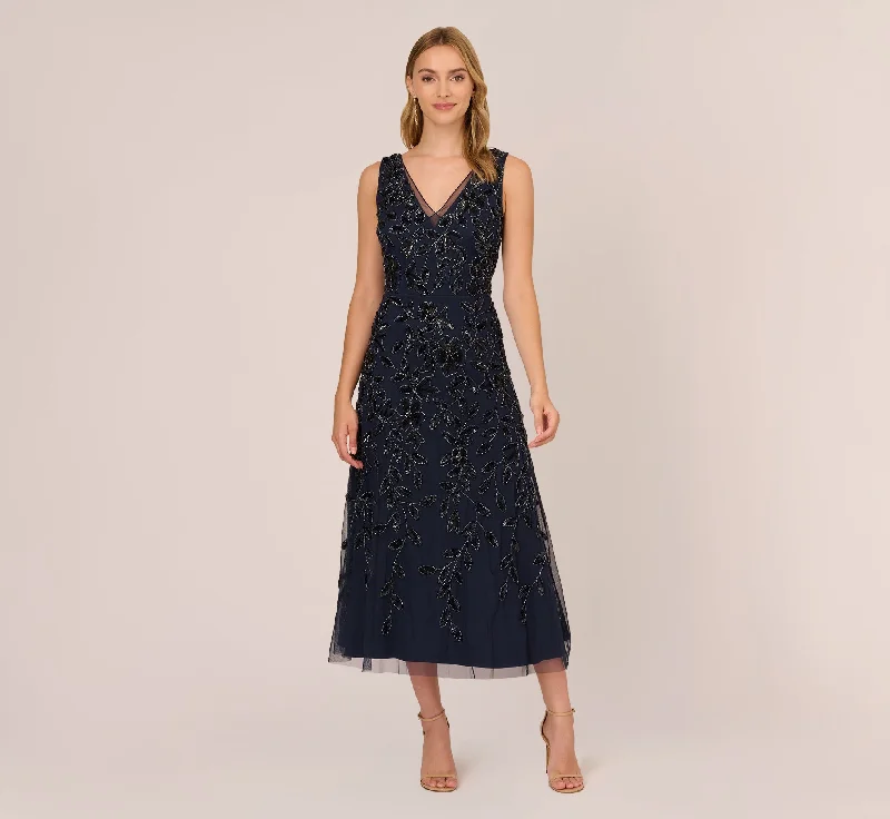 Wedding guest dresses for outdoor spring celebrations -Floral Beaded Ankle Length Sleeveless Gown In Navy Wedding guest dresses for outdoor spring celebrations -Floral Beaded Ankle Length Sleeveless Gown In Navy