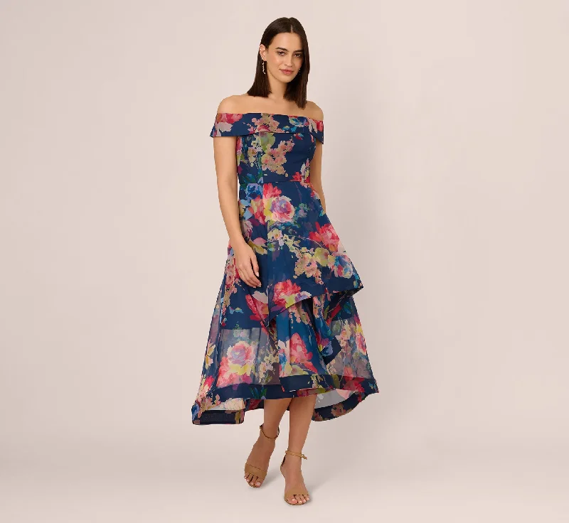 Wedding guest dresses for a beachside ceremony -Off Shoulder Floral Organza High Low Dress In Navy Multi Wedding guest dresses for a beachside ceremony -Off Shoulder Floral Organza High Low Dress In Navy Multi