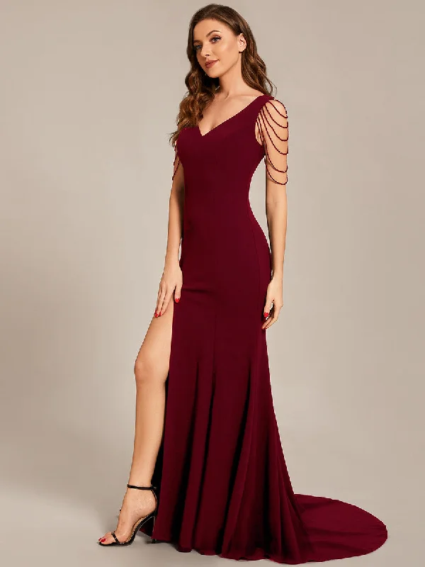 formal dresses with satin fabric for smooth texture --Maxi Long V Neck Sleeveless Beaded Chiffon Wholesale Evening Dress formal dresses with satin fabric for smooth texture --Maxi Long V Neck Sleeveless Beaded Chiffon Wholesale Evening Dress