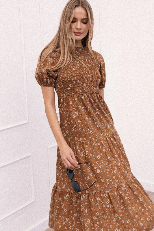 Spring dresses with a fitted waist for a flattering silhouette -Naura Shirred Tiered Midi Dress - Cognac Floral